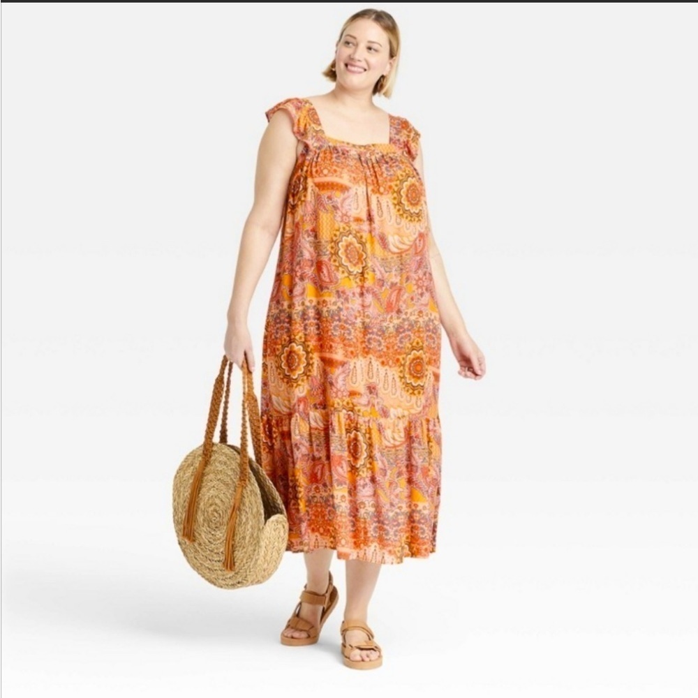 KNOX ROSE Boho Bohemian Floral Print Sleeveless Maxi-Midi Dress - Sz 2X - NWT